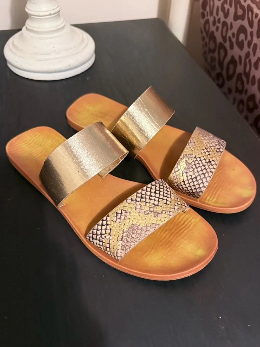 BAMBOO Metallic Gold Snake-Print Double Strap Slide Sandals